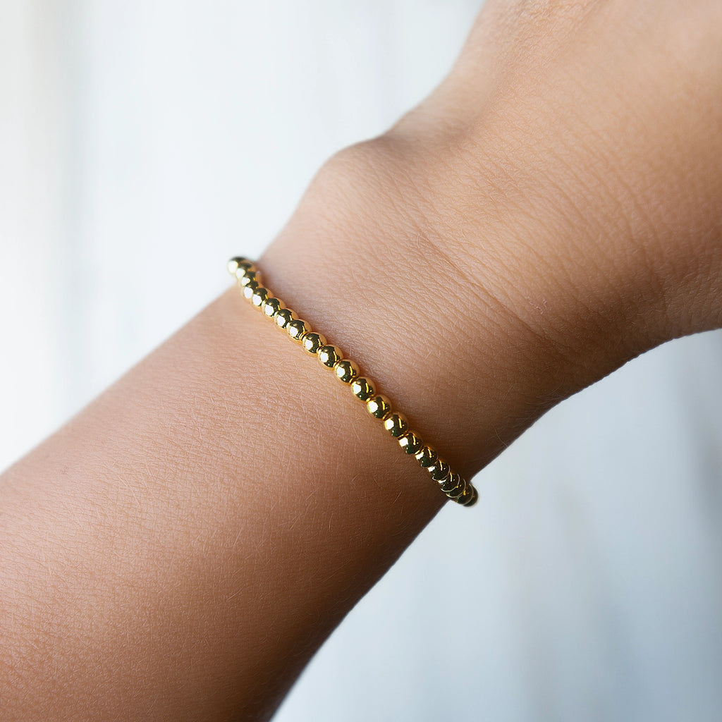 Gold Beaded Bracelet 4mm, Smooth Stretch, Long Wear