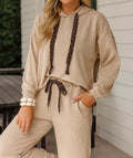 Casual Drawstring Set with Leopard Ribbon Beige