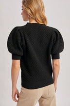 Puffed Sleeved Open Knit Sweater Black