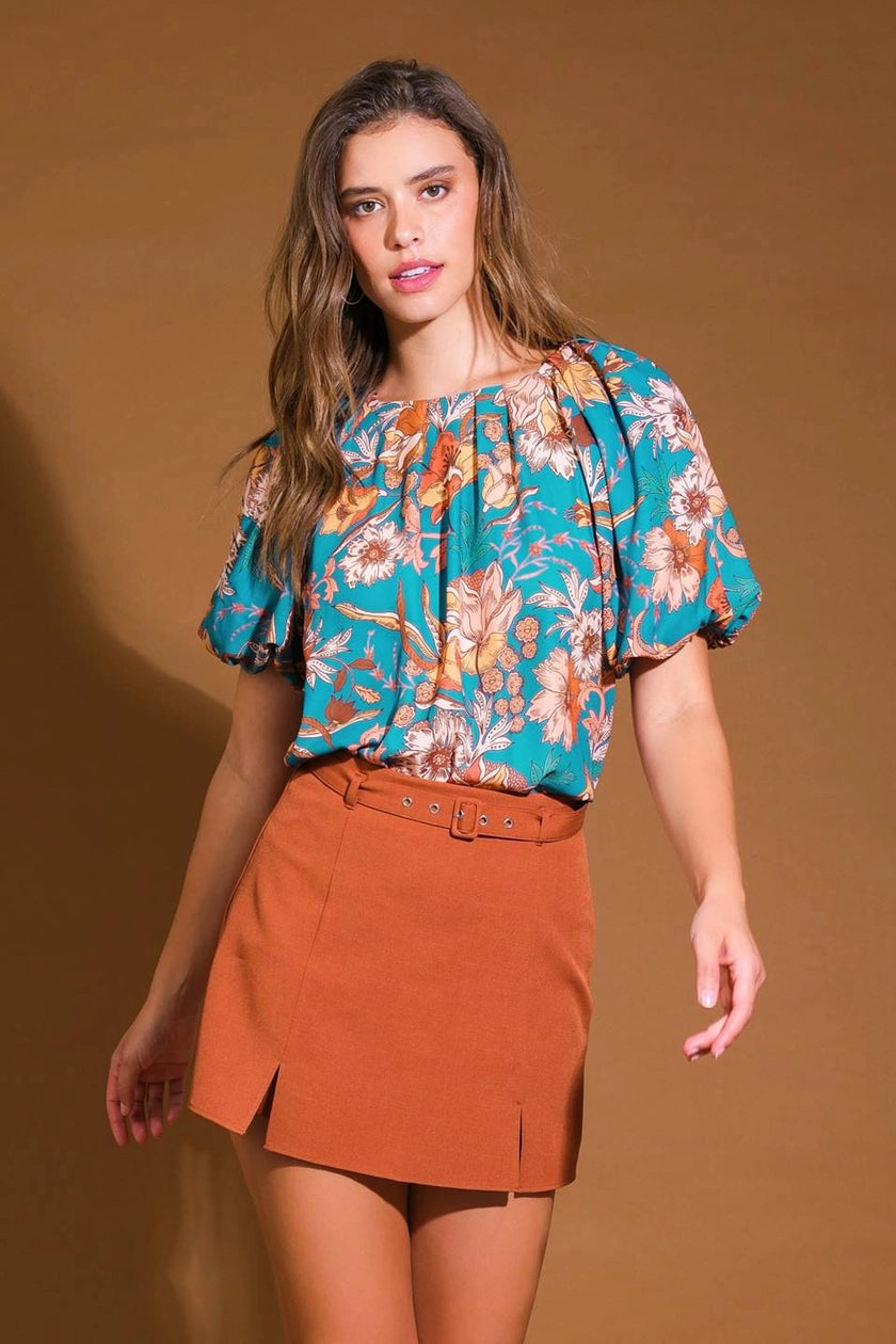Teal Floral Printed Woven Top
