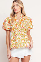 Ivory and Orange Printed Woven Top
