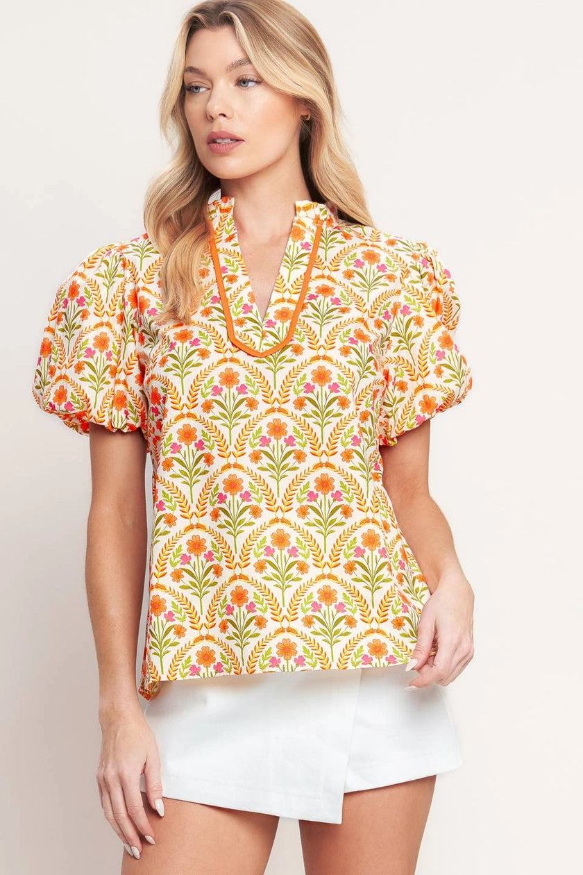Ivory and Orange Printed Woven Top
