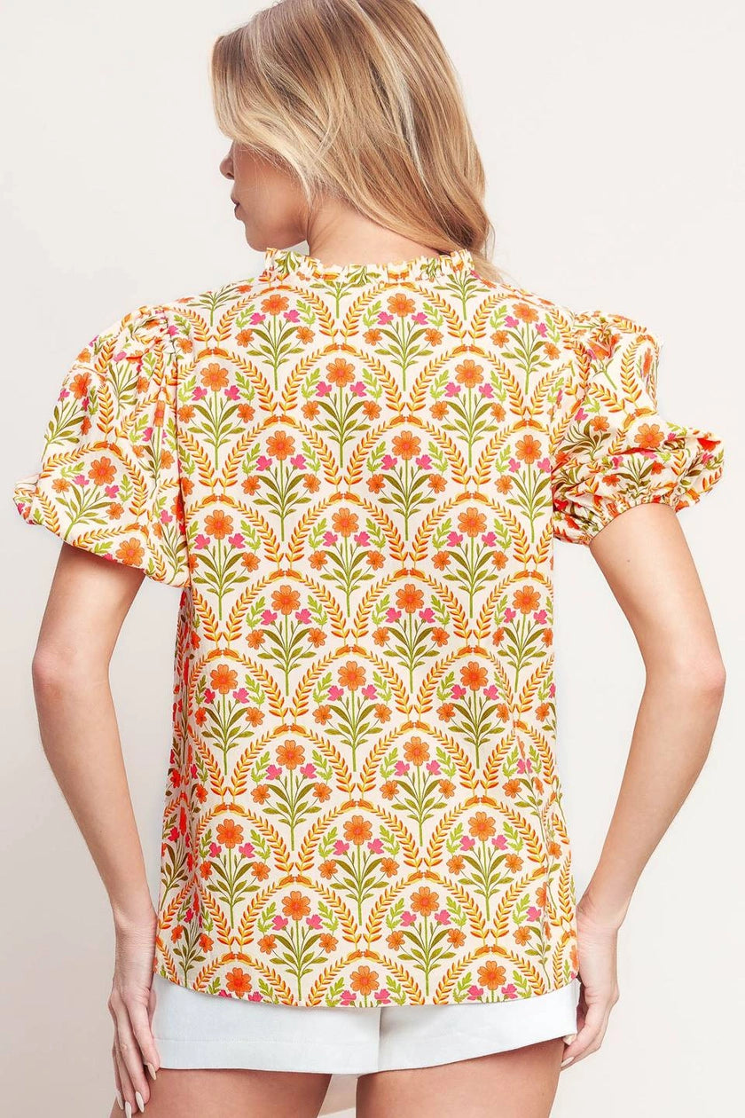 Ivory and Orange Printed Woven Top
