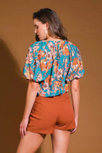 Teal Floral Printed Woven Top