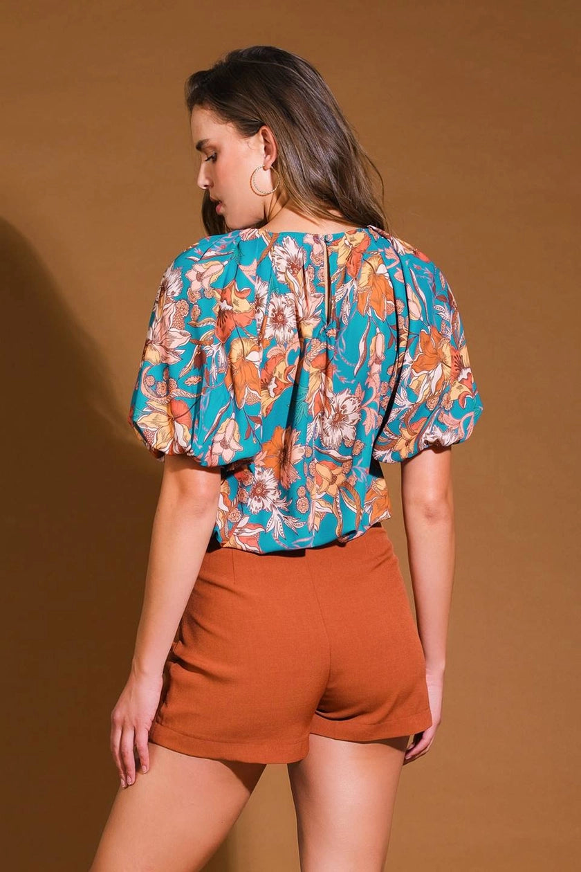 Teal Floral Printed Woven Top