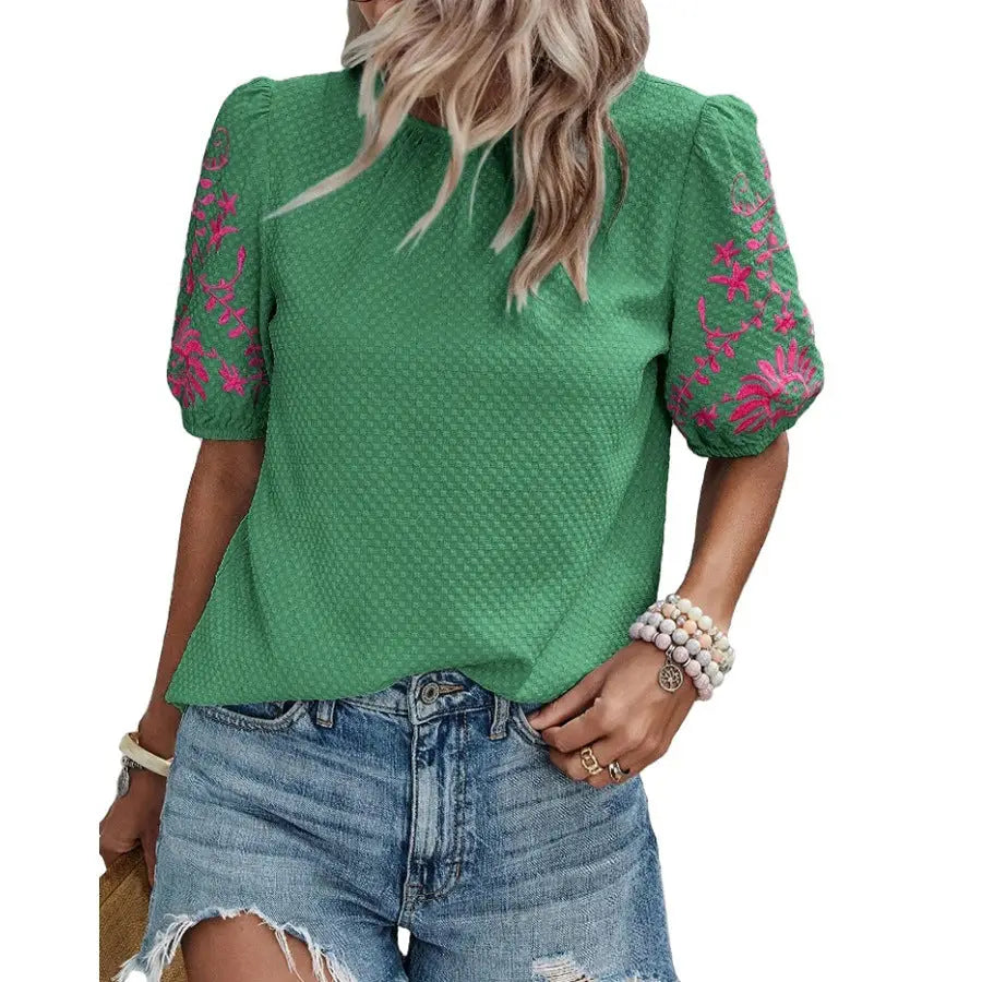 Puff Sleeve Embroidered Blouse For Women
