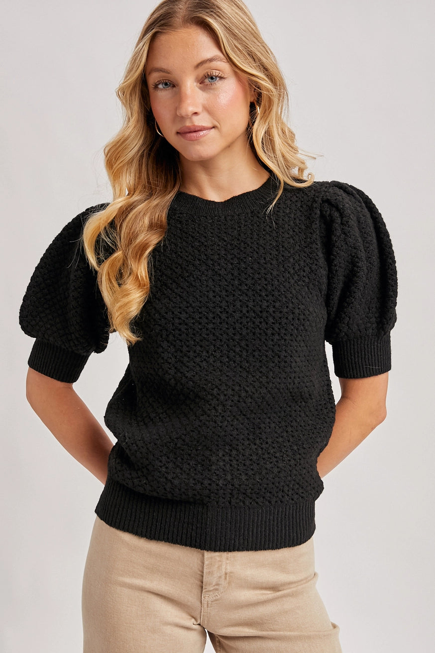 Puffed Sleeved Open Knit Sweater Black