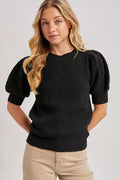 Puffed Sleeved Open Knit Sweater Black
