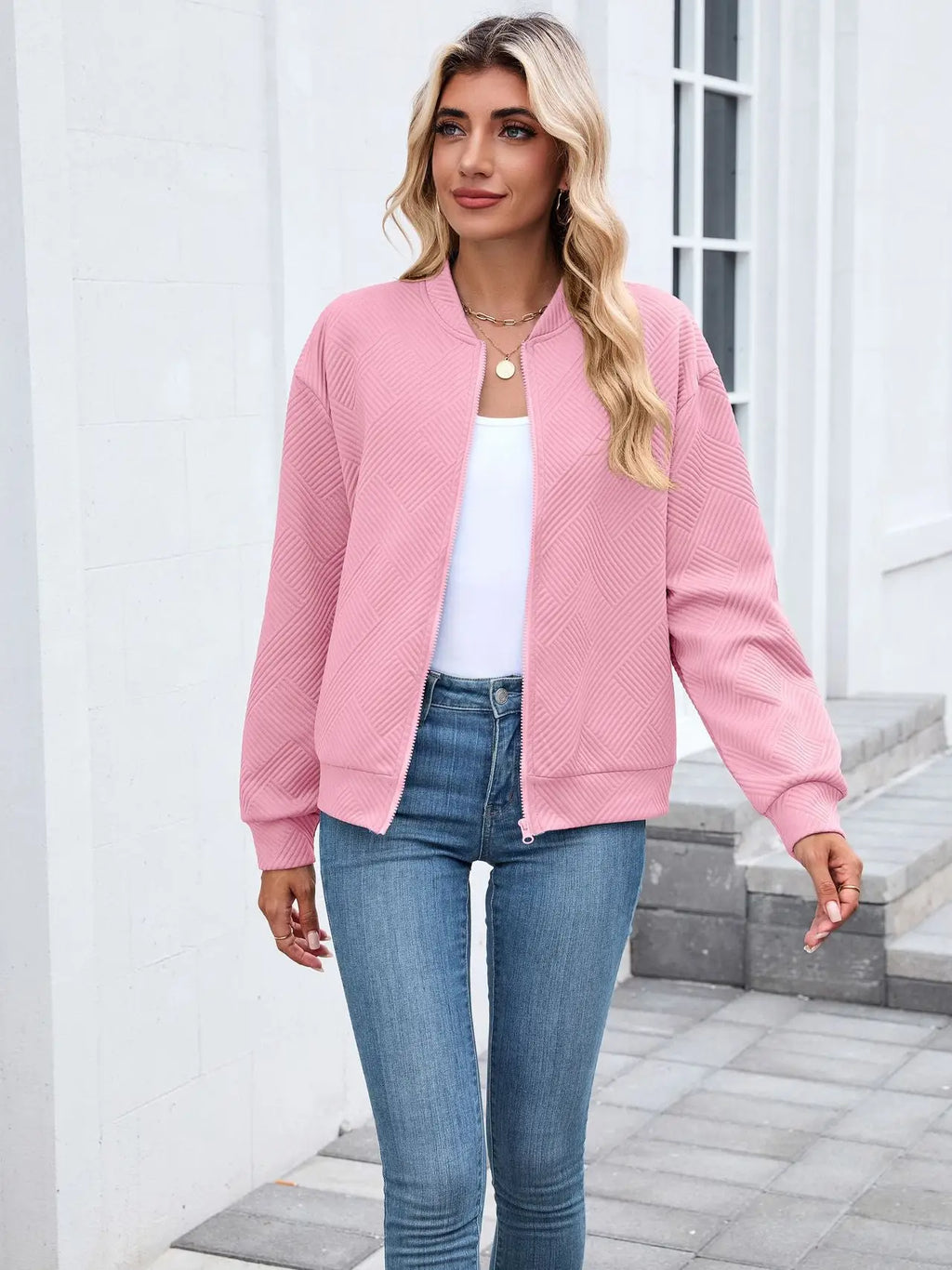 Quilted Zip-Up Bomber Jacket | Casual Long Sleeve Sweatshirt