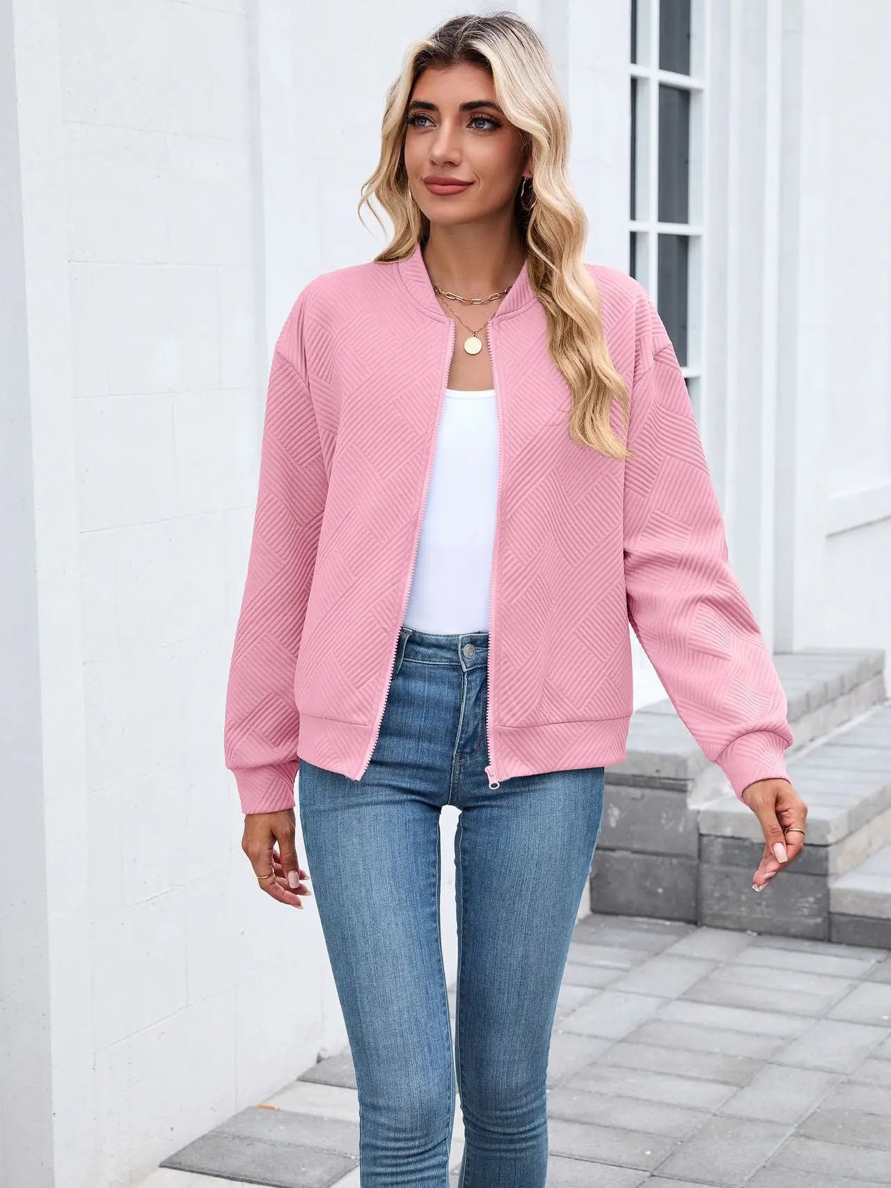 Quilted Zip-Up Bomber Jacket | Casual Long Sleeve Sweatshirt