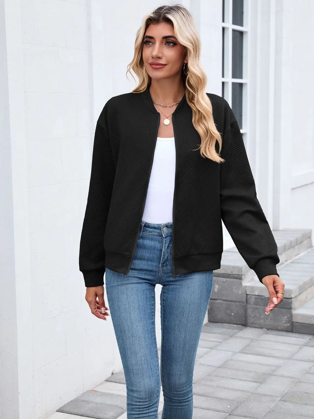 Quilted Zip-Up Bomber Jacket | Casual Long Sleeve Sweatshirt
