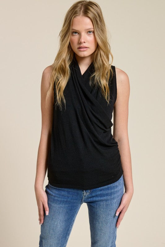 Sleeveless Crepe Hacci Drape Front Top