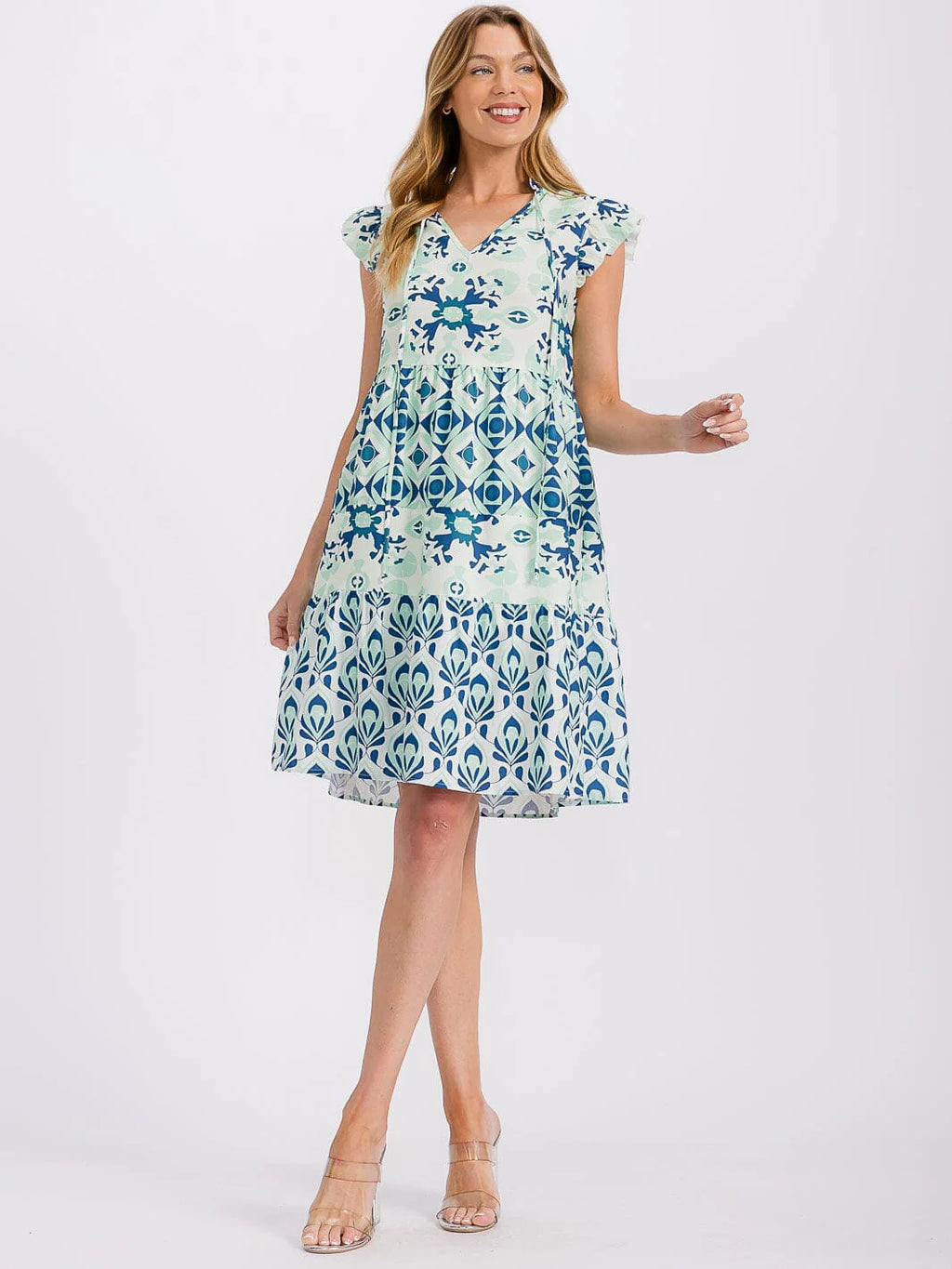 Ruffle Sleeve V-Neck Tunic Dress