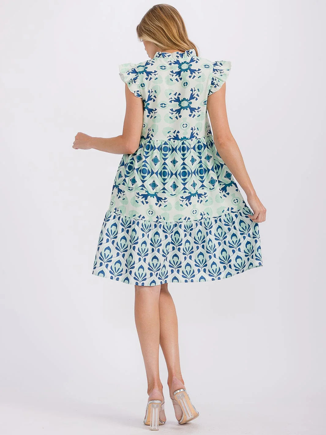 Ruffle Sleeve V-Neck Tunic Dress