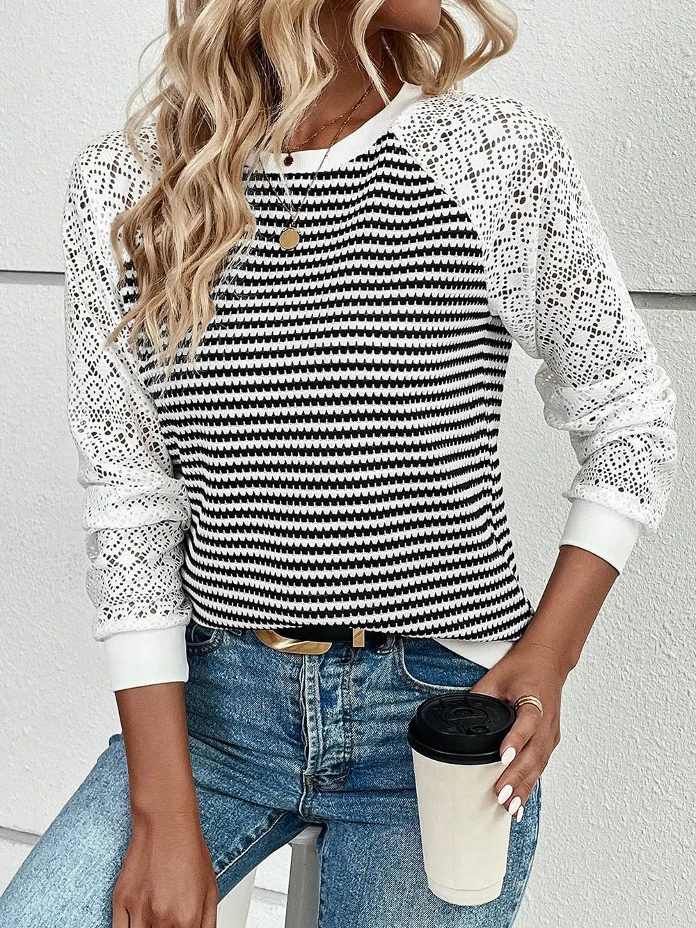 Stripe Textured Knit Long Sleeve Top