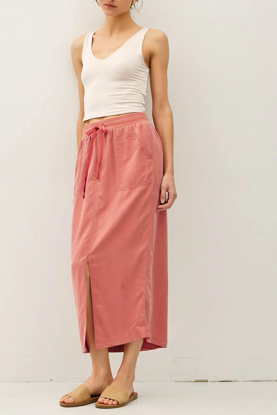 Tencel A-Line Midi Skirt with Elastic Waist