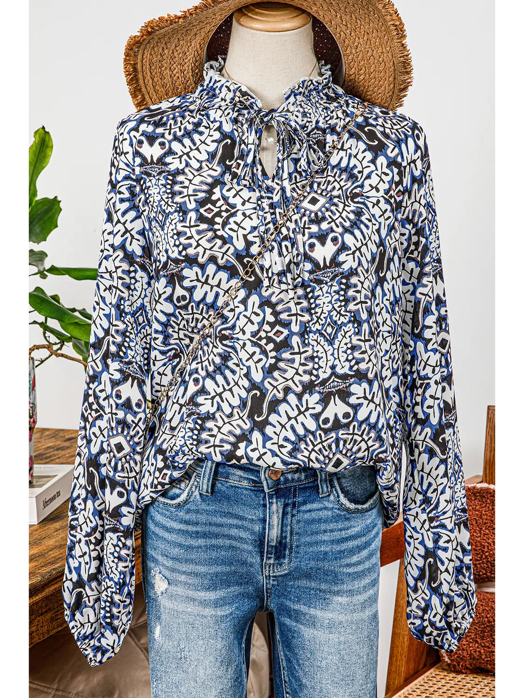 Western Tribal Print Puff Sleeve Blouse