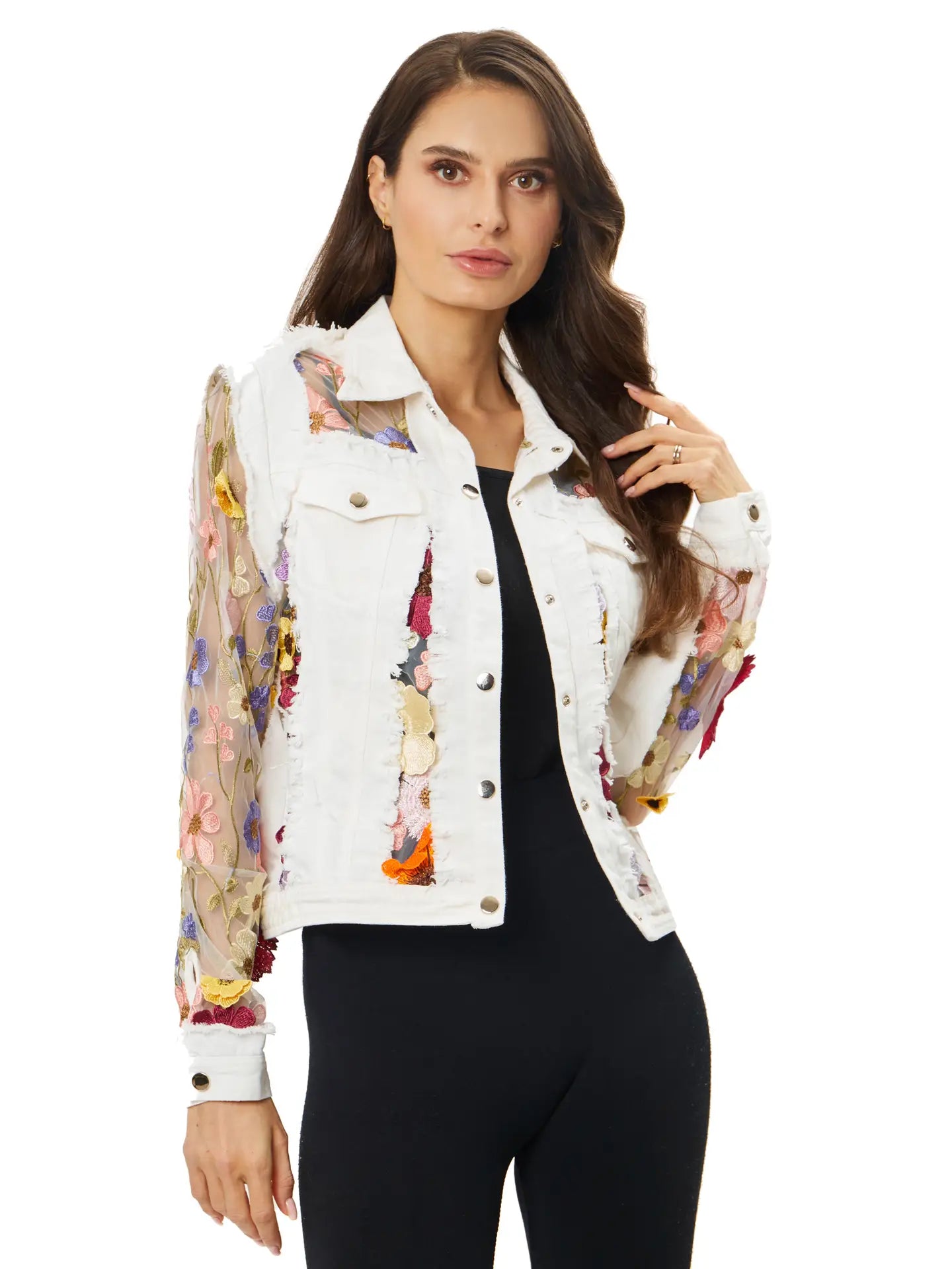 Denim Lace Jacket with Floral Embroidery White