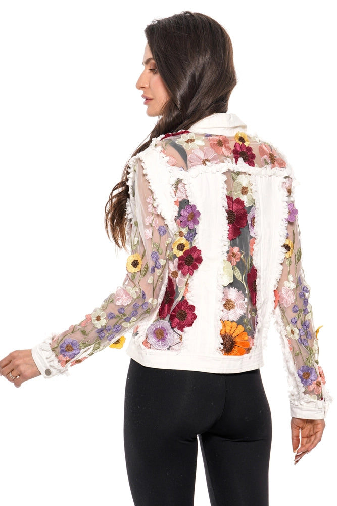 Denim Lace Jacket with Floral Embroidery White