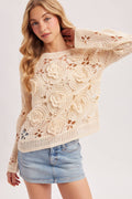 BOAT NECK OPEN-WORK FLORAL CROCHET TOP
