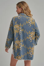 Floral Denim Relaxed Shirt Top with Pockets