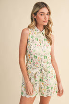 Floral Print Scalloped Edge Button Down Romper