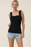 Ruffle-Trim Ribbed Tie-Front Tank
