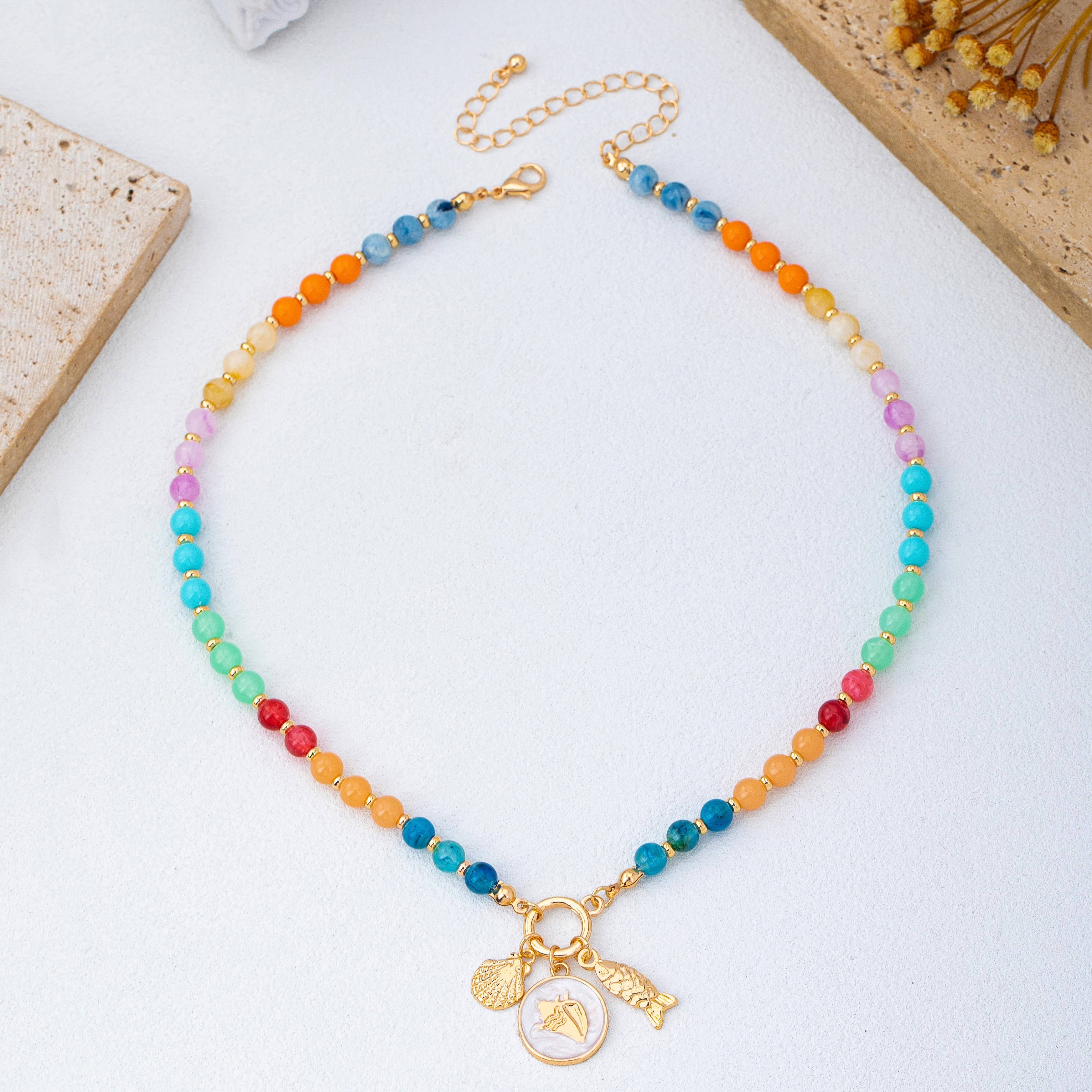 Rainbow Beaded Nautical Charm Necklace