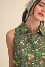 Floral Print Scalloped Edge Button Down Romper