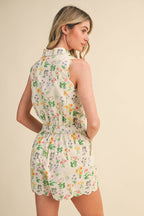 Floral Print Scalloped Edge Button Down Romper