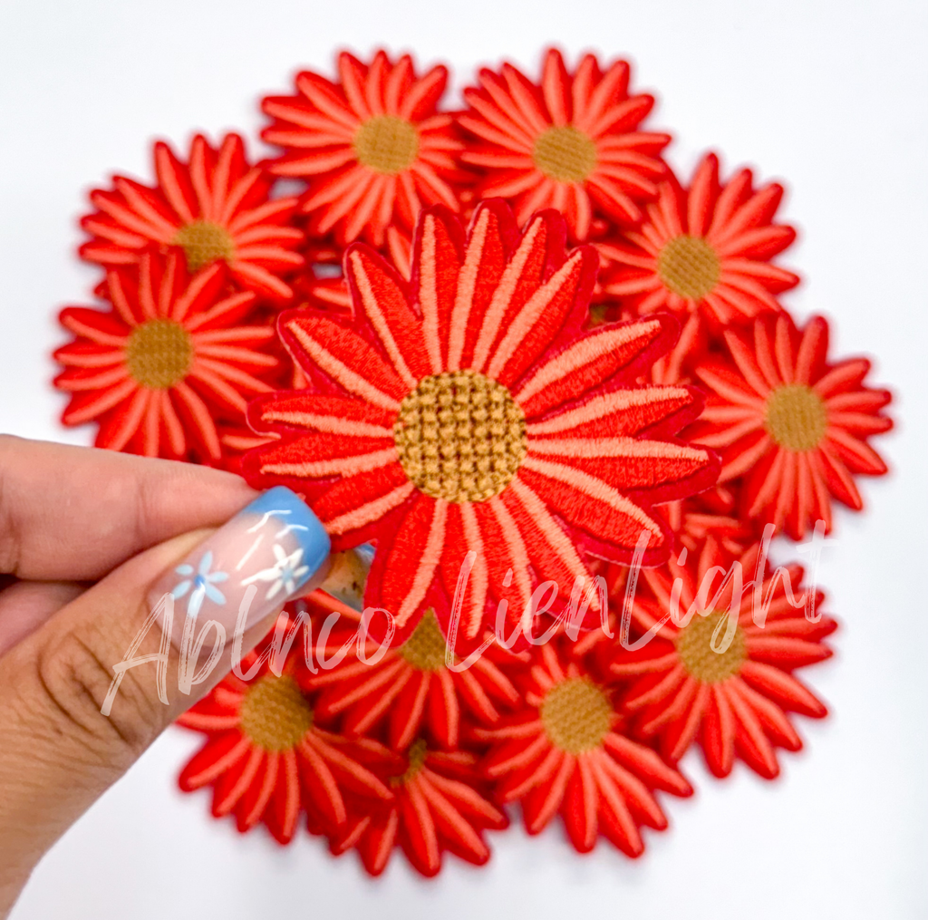Red daisy flower hat filler embroidery patch iron on