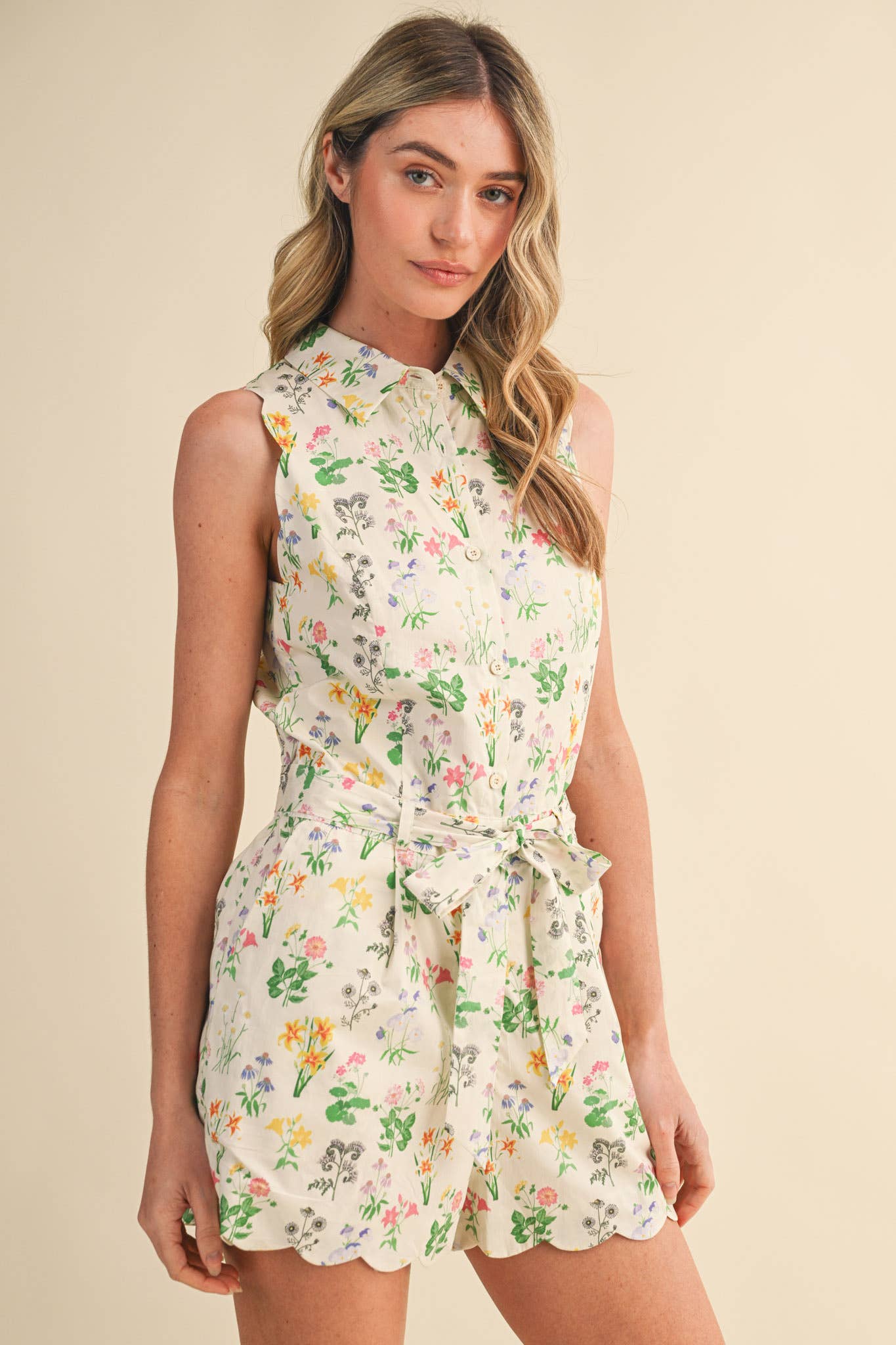 Floral Print Scalloped Edge Button Down Romper
