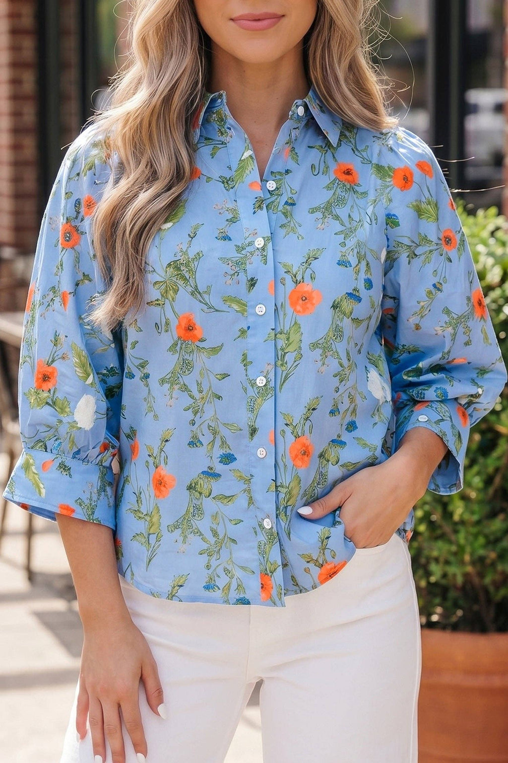 Sky Blue Floral Print Bracelet Sleeve Button Down