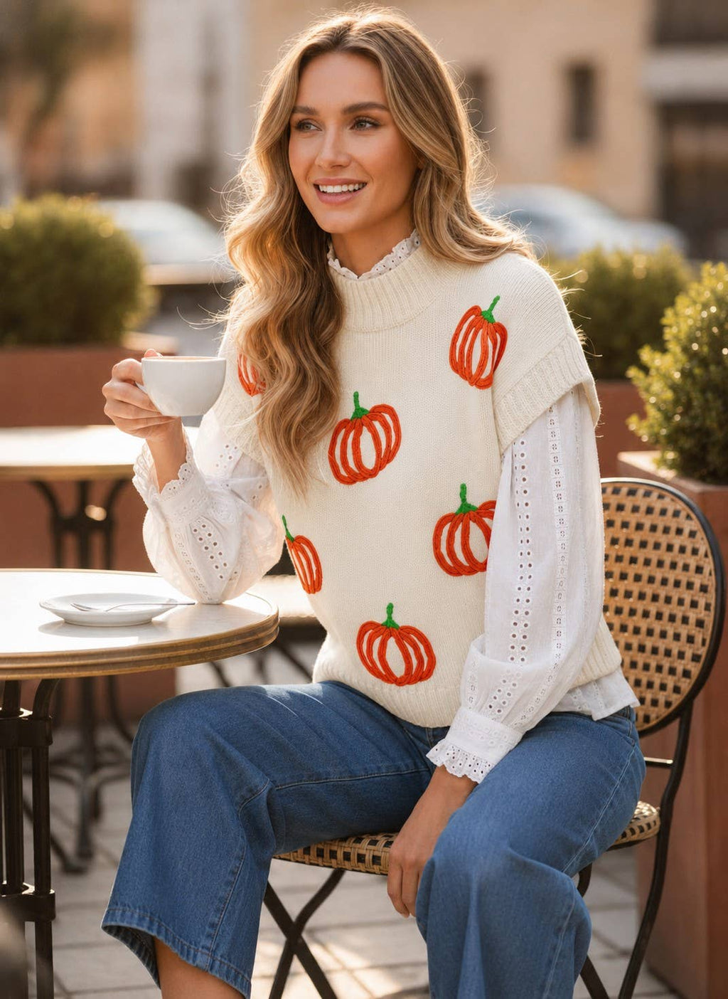 Pumpkin Embroidery Knitted Sweater Vest