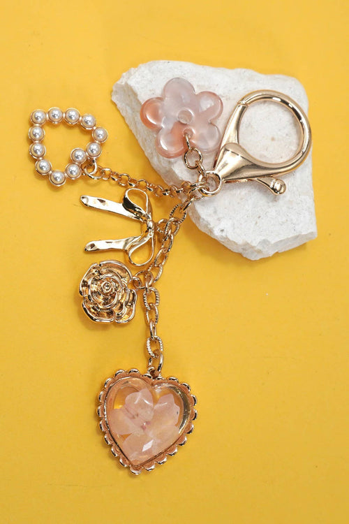 Bag Charm - Pressed Flower Bow Pearl Heart
