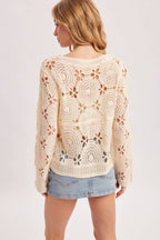 BOAT NECK OPEN-WORK FLORAL CROCHET TOP
