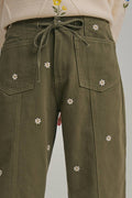 Floral Embroidered Barrel Shaped Relaxed Pants Olive
