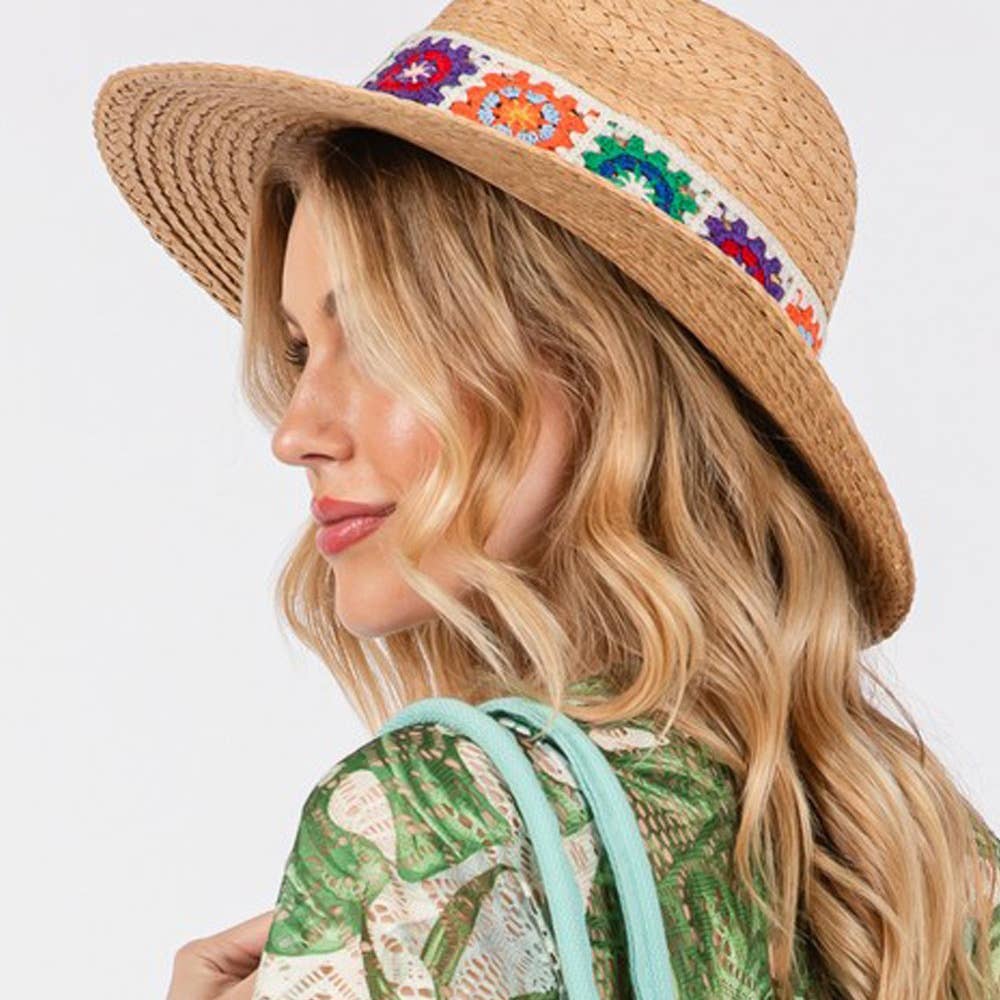Floral Crochet Band Straw Hat