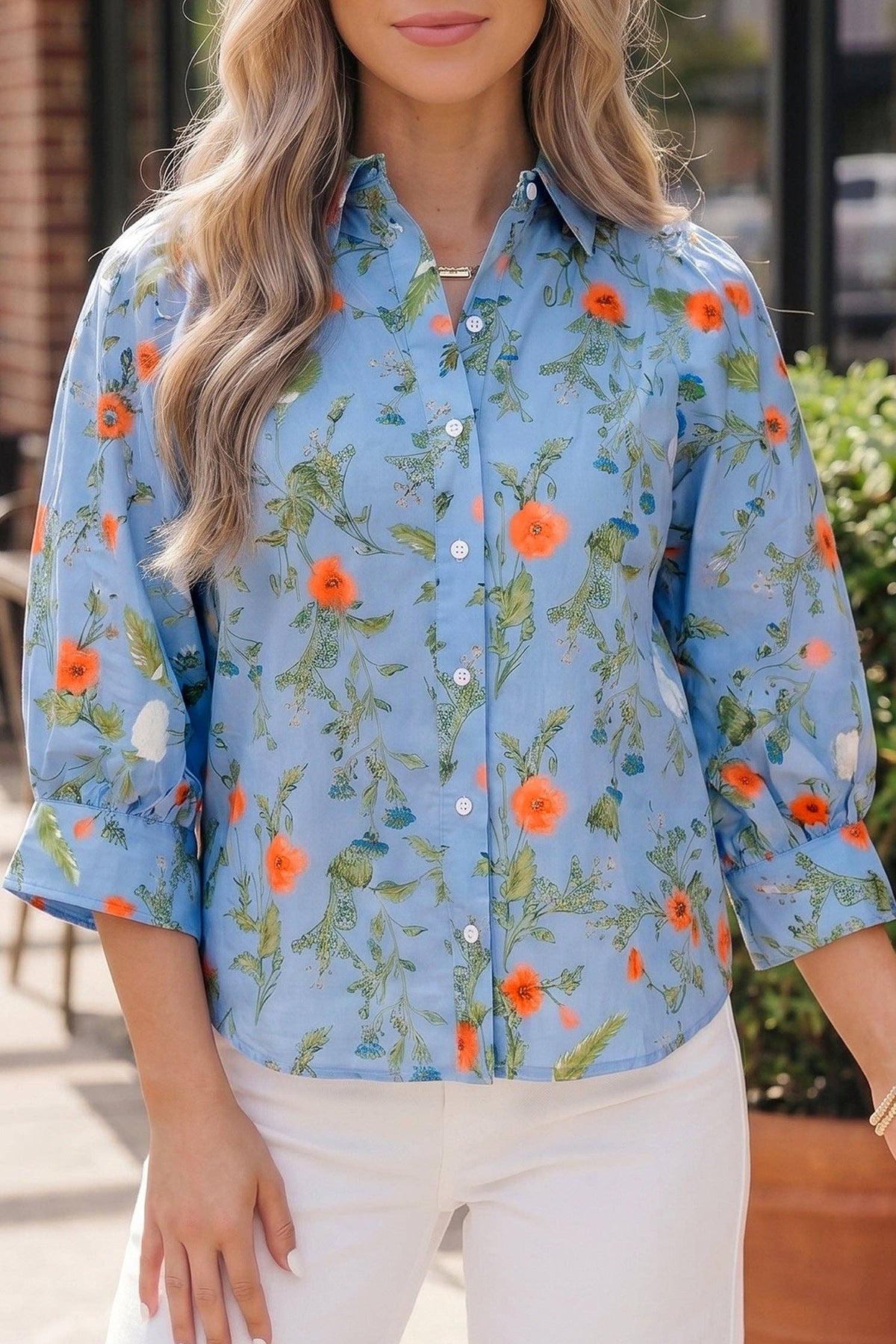 Sky Blue Floral Print Bracelet Sleeve Button Down