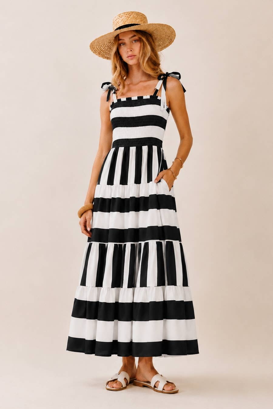 Stripe Tiered Maxi Smocked Top Dress