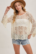 Crochet Sheer Bell-Sleeve Pullover Top