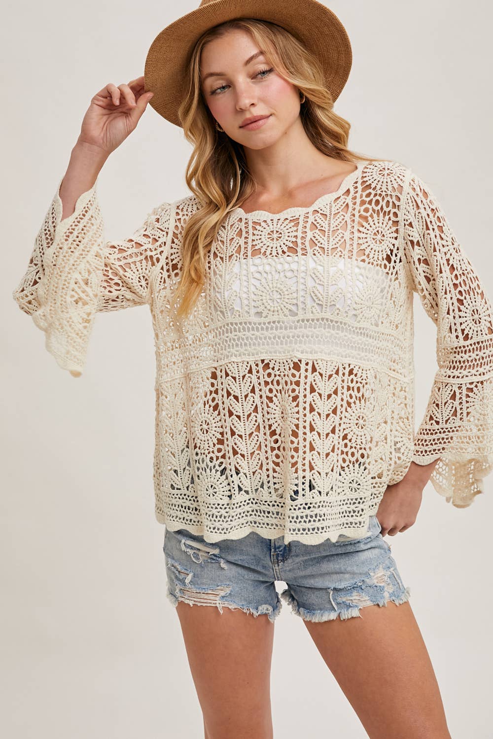 Crochet Sheer Bell-Sleeve Pullover Top