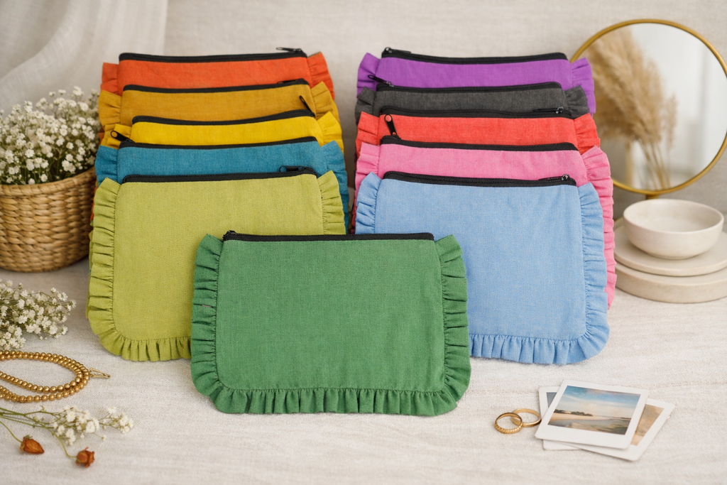 Canvas Ruffle Pouches | Canvas Travel Pouches | Zipper Pouch