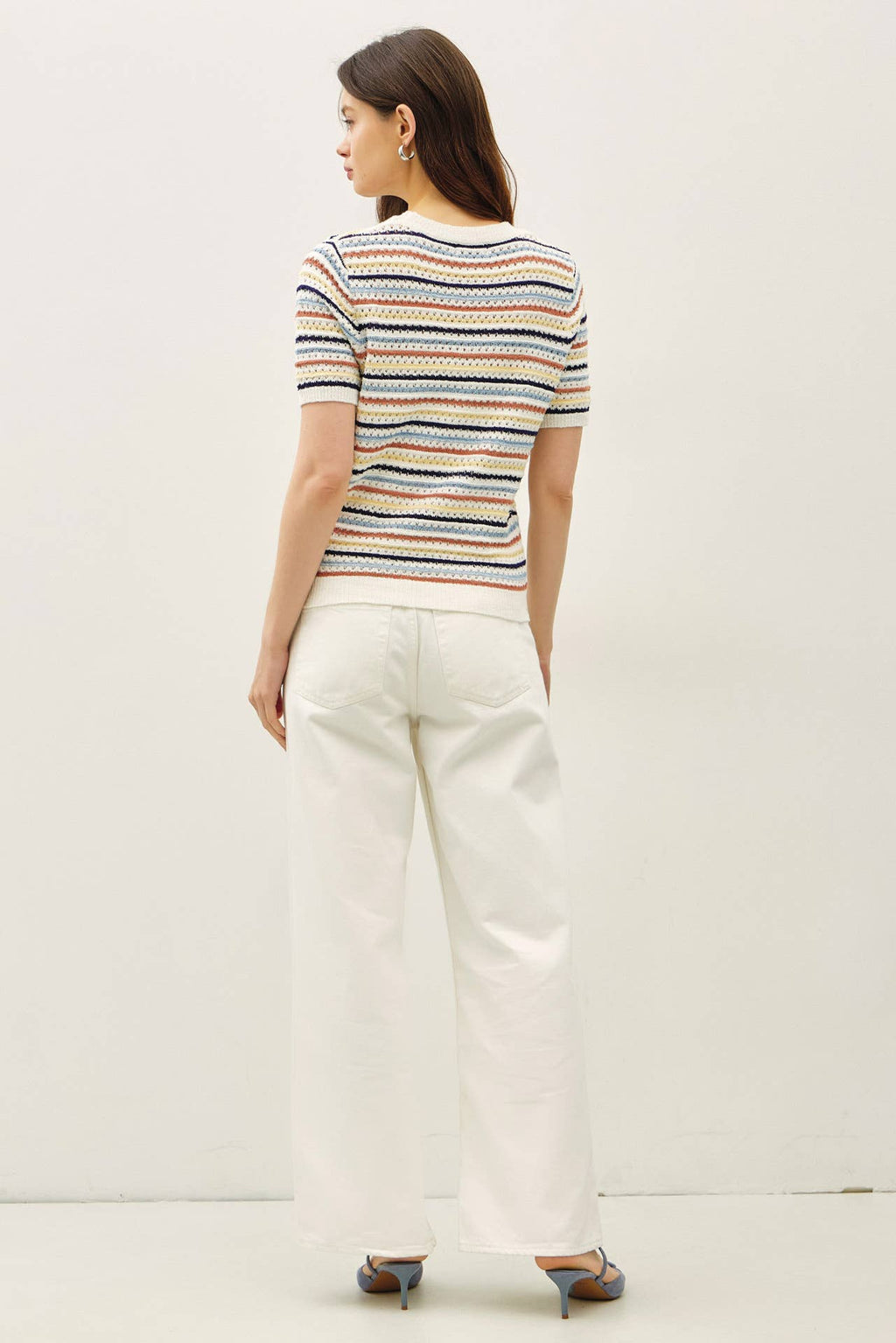 Multi Color Stripe Short Sleeve Textured Sweater