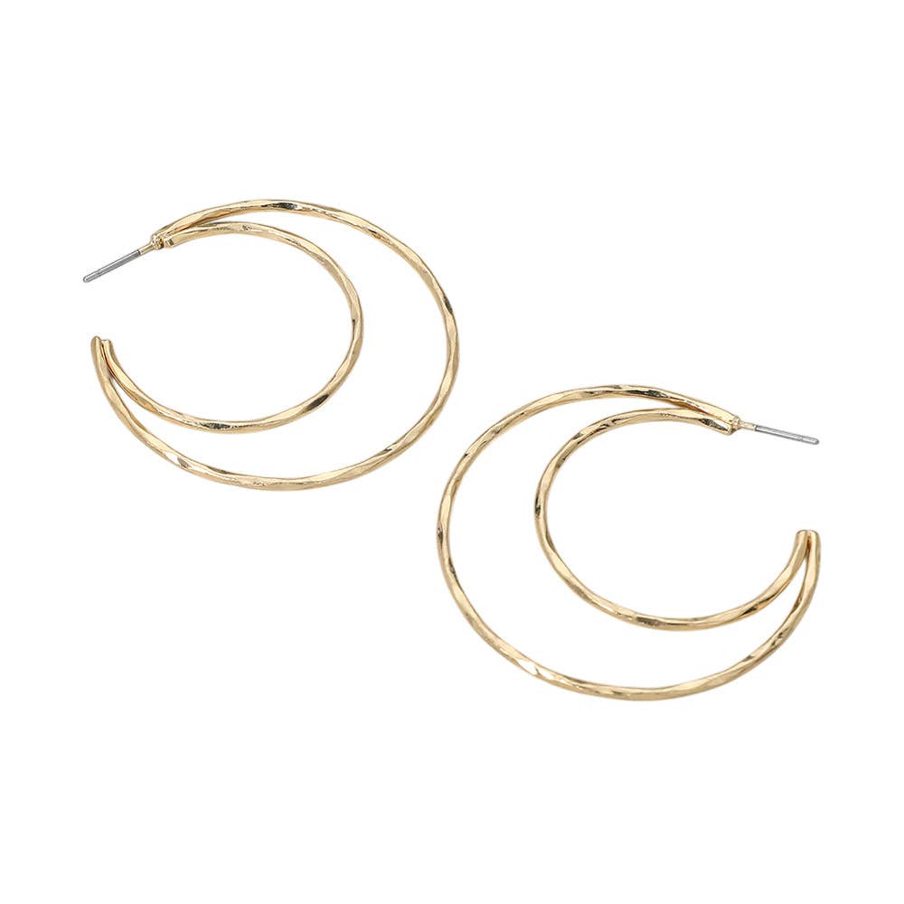 Hammered Metal Open Crescent Hoop Earrings
