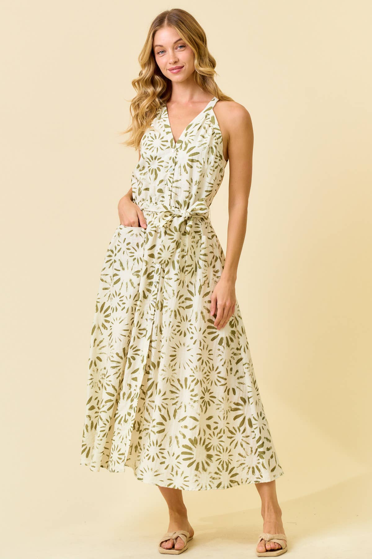 Abstract Floral Halter Tank Midi Dress