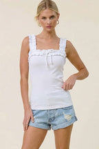Ruffle-Trim Ribbed Tie-Front Tank