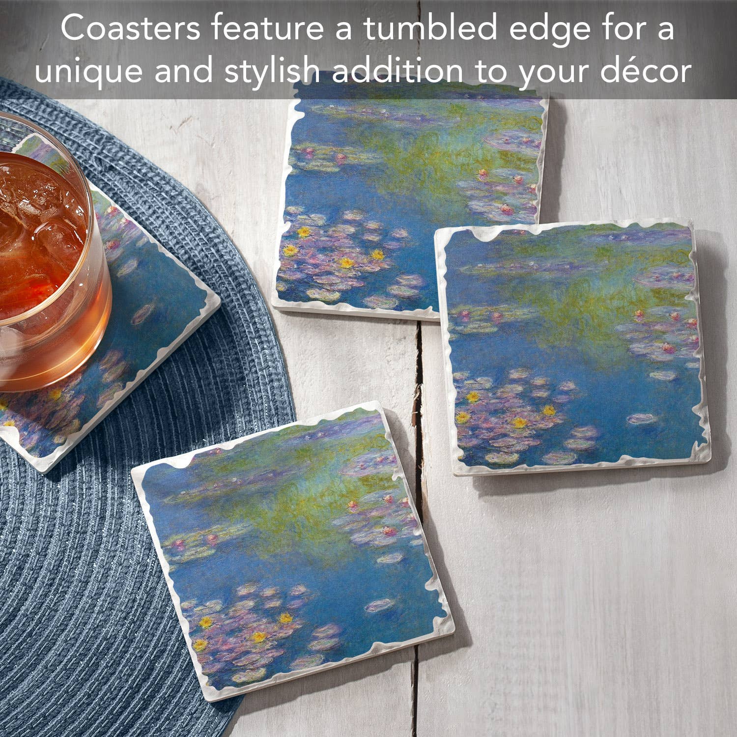 Fine Art "Monet Water Lilies" 4 Pack Tumbled Tile Coasters